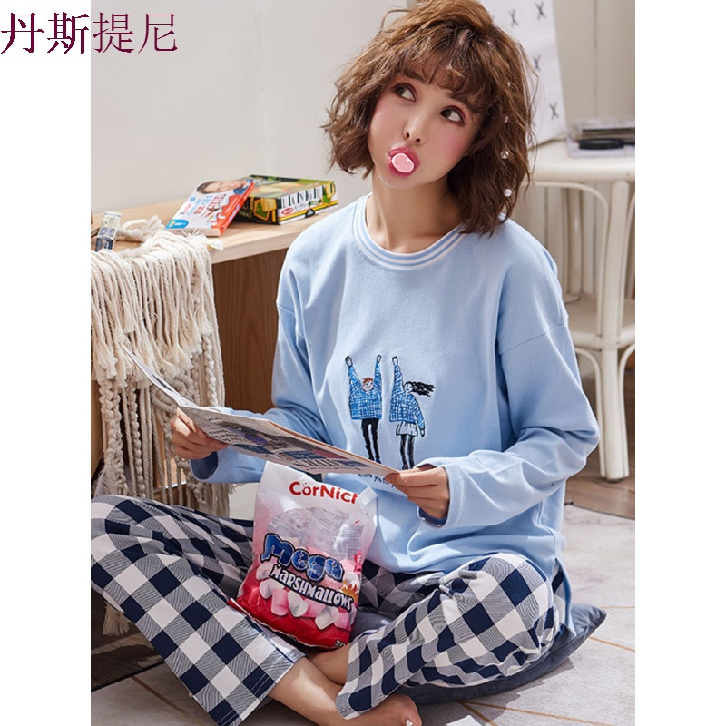 睡衣女秋纯棉长袖韩版可爱学生两件套大码可外穿家居服套装秋冬季