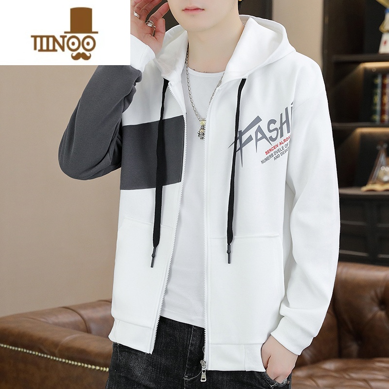 YANXU开衫连帽卫衣男外套款潮牌拼接夹克男装青少年休闲百搭上衣服
