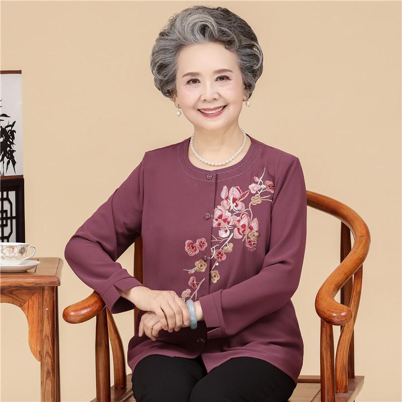 中老年夏装女妈妈装长袖老年人春秋女奶奶装上衣60-70-80岁两件套
