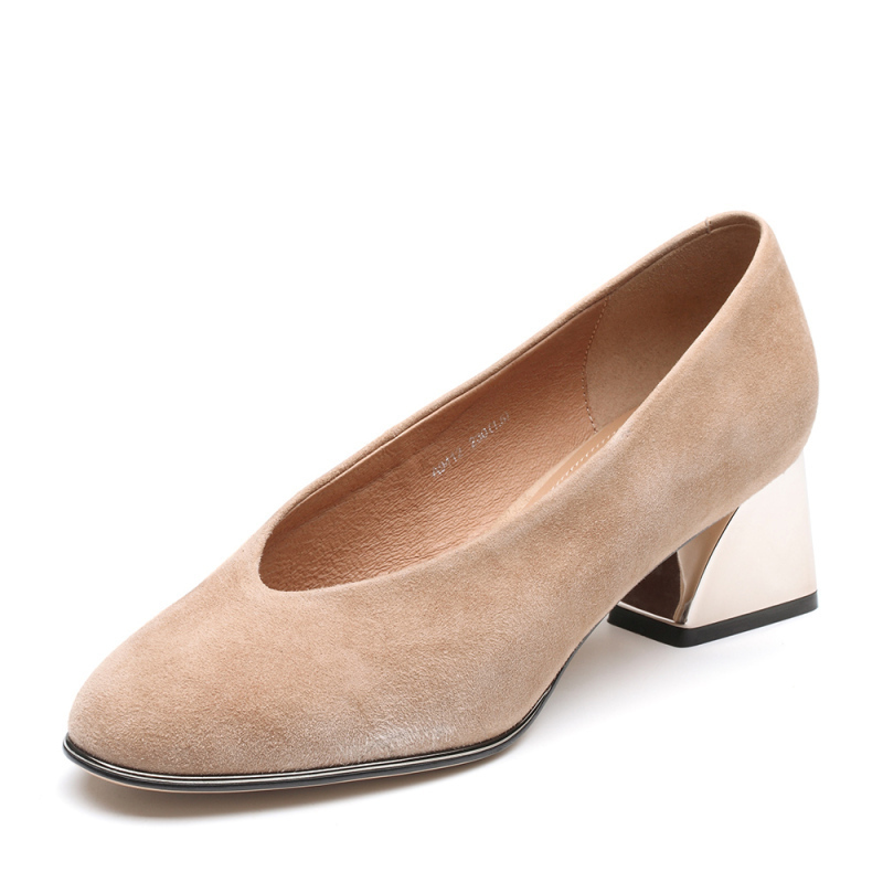 basto百思图2019秋季专柜同款黑色羊皮革优雅粗跟浅口女皮鞋a9412cq9