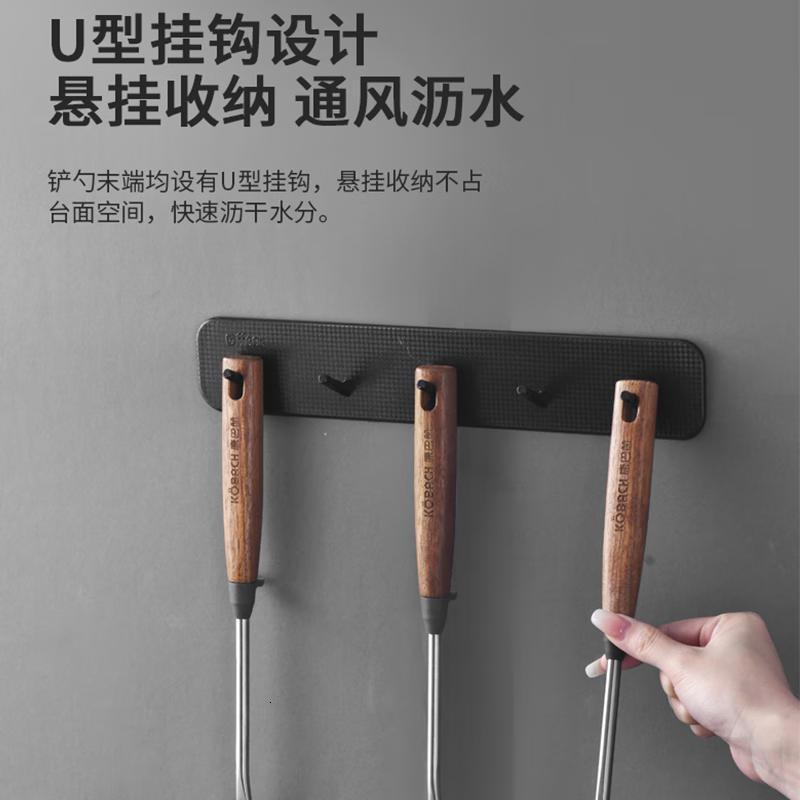 康巴赫(KBH)304不锈钢长柄无涂层炒菜铲子煎铲汤勺漏勺支架五件套高清大图