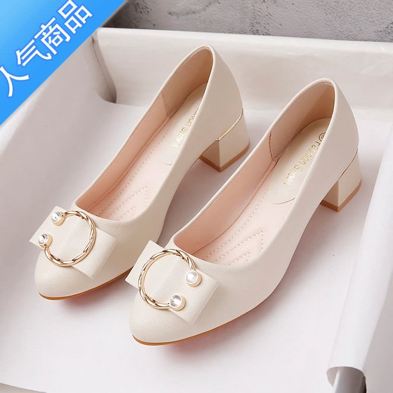 SUNTEK中年妈妈鞋春秋款软底舒适浅口单鞋女夏豆豆鞋2023新款粗跟高跟鞋图片