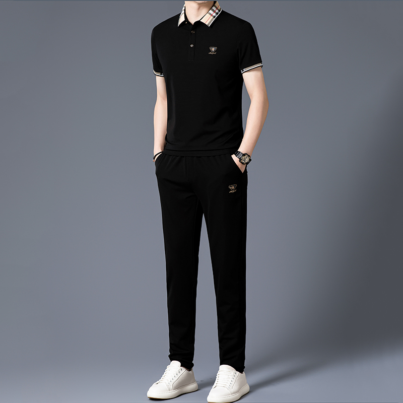 恒源祥高端桑蚕丝男士休闲运动套装男款短袖冰丝翻领搭配气质夏装高清大图