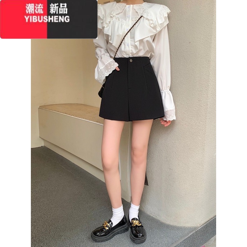 YIBUSHENG西装短裤春阔腿裤女胖mm白色外穿黑色咖色小个子遮肚显瘦休闲裤 西装黑色秋冬 XL125-135斤左右