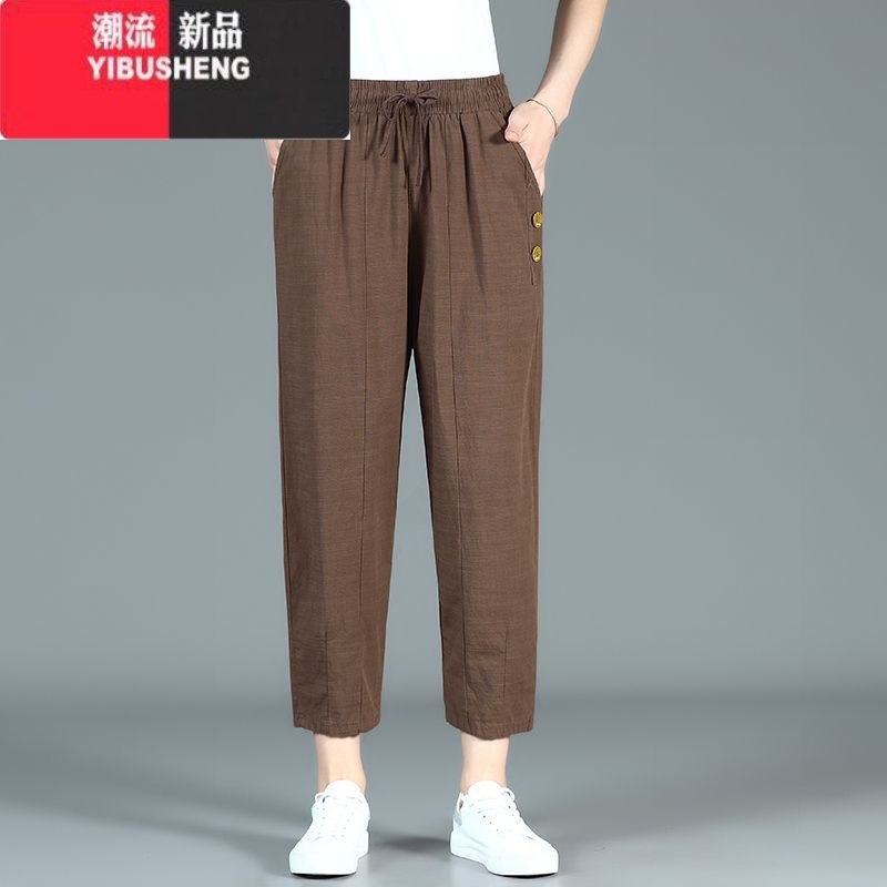 YIBUSHENG中老年妈妈棉麻九分裤季亚麻女裤宽松大码松紧腰休闲裤哈伦裤女高清大图