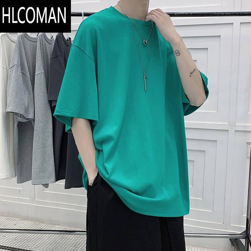 HLCOMAN短袖男潮牌简约百搭ins宽松港风t恤打底衫半袖夏季纯色体恤五分袖图片