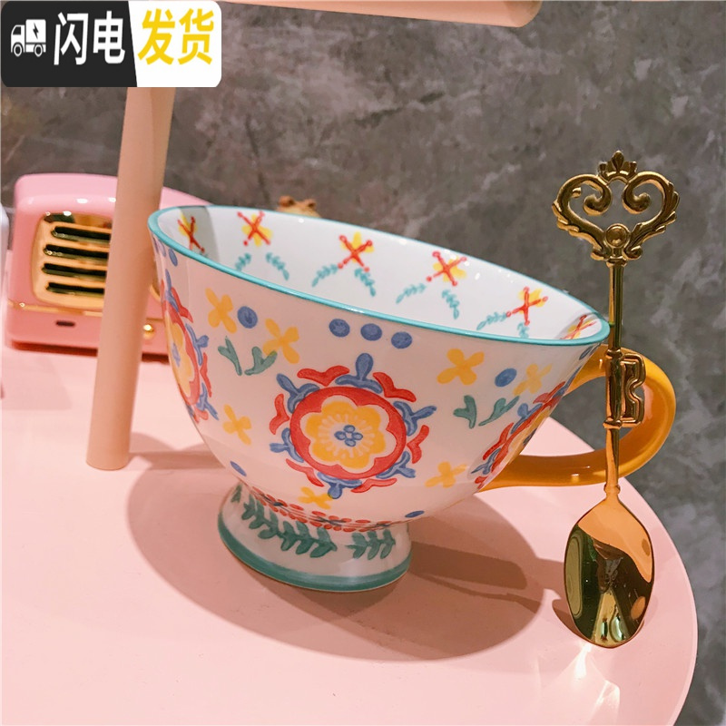 三维工匠又又海 英伦陶瓷手绘杯子彩色花朵小清新大容量早餐杯 情侣马克杯高清大图