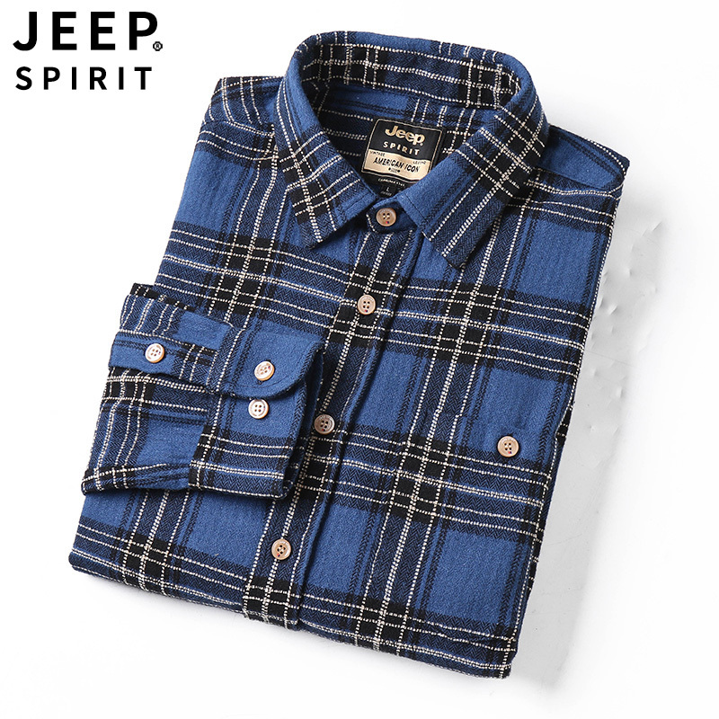 JEEP SPIRIT吉普秋季大码长袖衬衫男格子时尚格纹宽松舒适棉衬衣打底衫