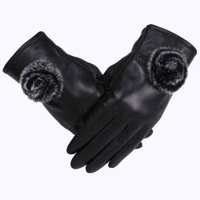 真皮手套女士绵羊皮冬季加绒加厚保暖开车可爱兔毛球骑车皮手套黑色