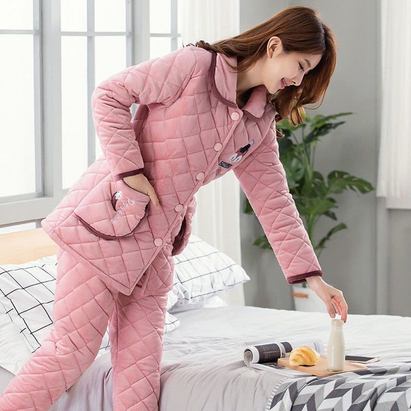 棉袄睡衣女冬季加厚三层珊瑚绒夹棉韩版保暖加绒女士家居服红套装图片