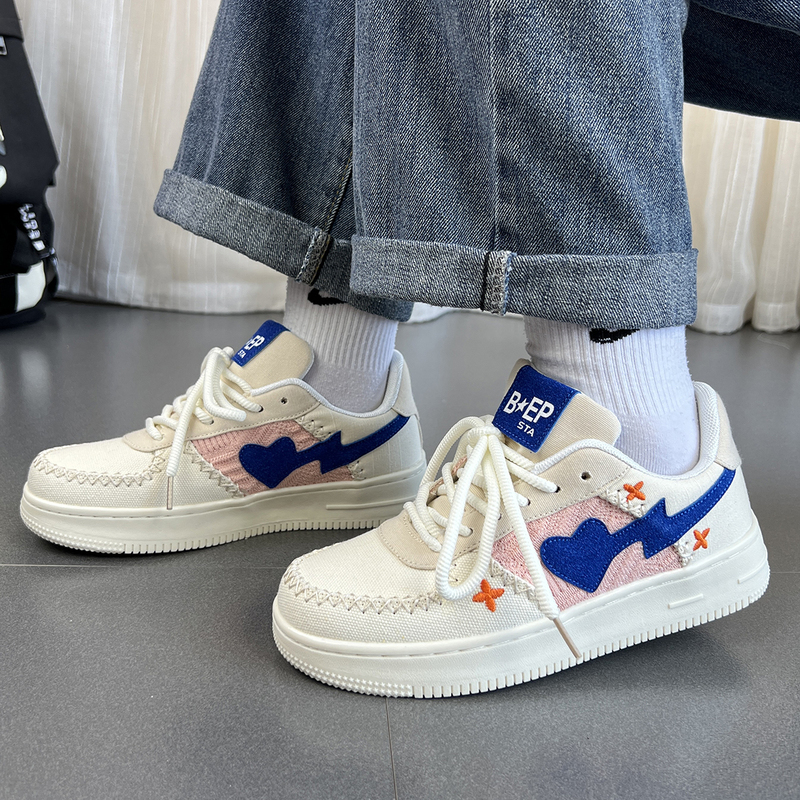 ideamini刺绣爱心针织板鞋女ins潮百搭小众设计休闲透气运动帆布鞋