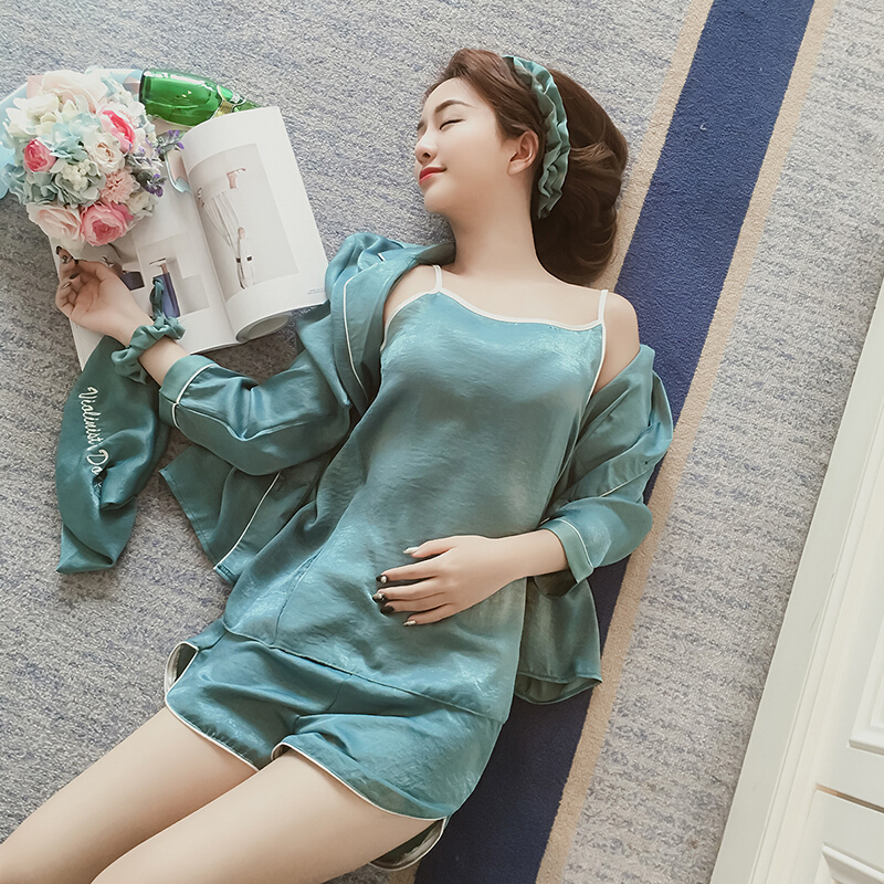 睡衣女夏七件套装性感冰丝家居服宽松韩版丝绸薄款长袖睡衣女春秋