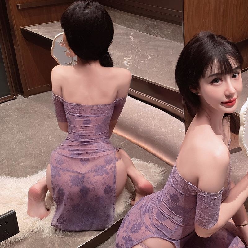 长夜漫漫情趣内衣性感蕾丝旗袍制服紫色连衣裙纯欲睡衣qqny女1823rI高清大图