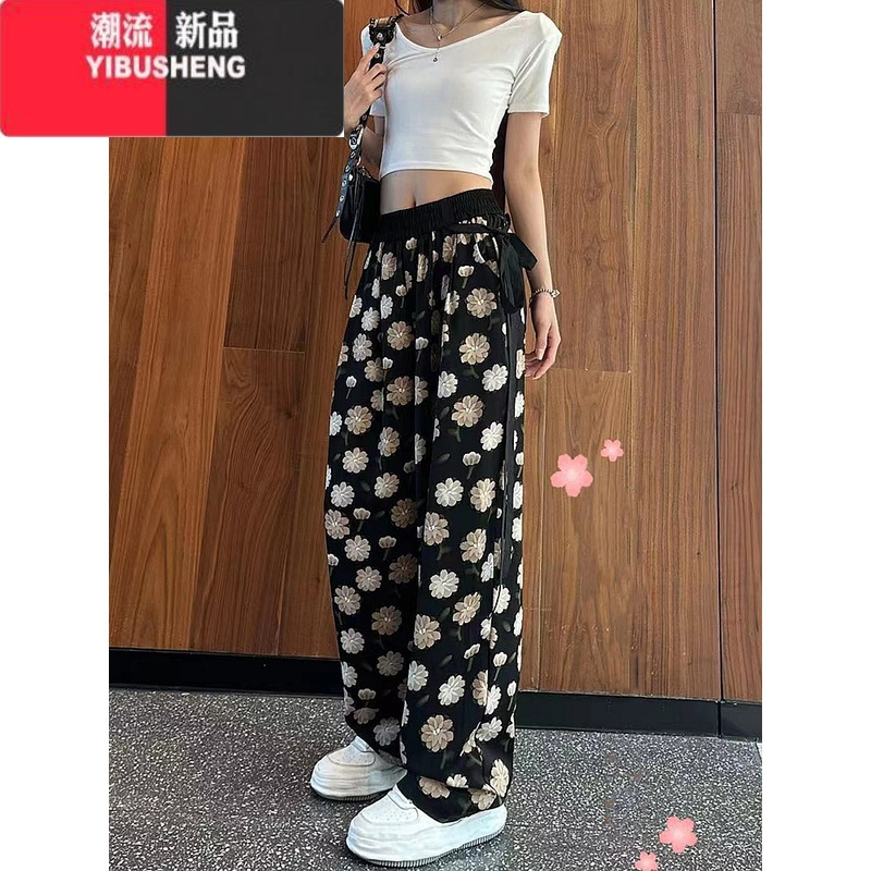 YIBUSHENG碎花印花飘带阔腿休闲裤女2024年季薄款宽松直筒长裤沙滩防蚊裤高清大图