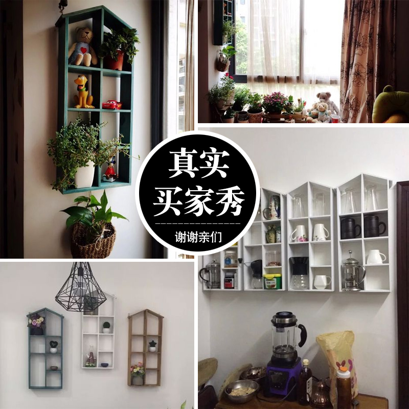 美式墙面置物架实木收纳墙饰挂件创意家居店铺壁饰壁挂墙上装饰品 三维工匠 木色10格有背板高清大图