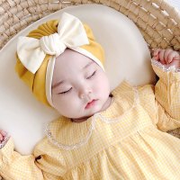 婴儿帽子春秋婴幼儿可爱蝴蝶结韩国公主女宝宝护囟门棉胎帽春夏季 黄色 建议0-12个月 均码