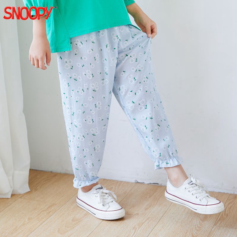 史努比(SNOOPY)童装专柜正品儿童裤子薄棉款夏季2-13岁中小童防蚊裤女童蓝色印花空调裤长裤夏装90-140cm