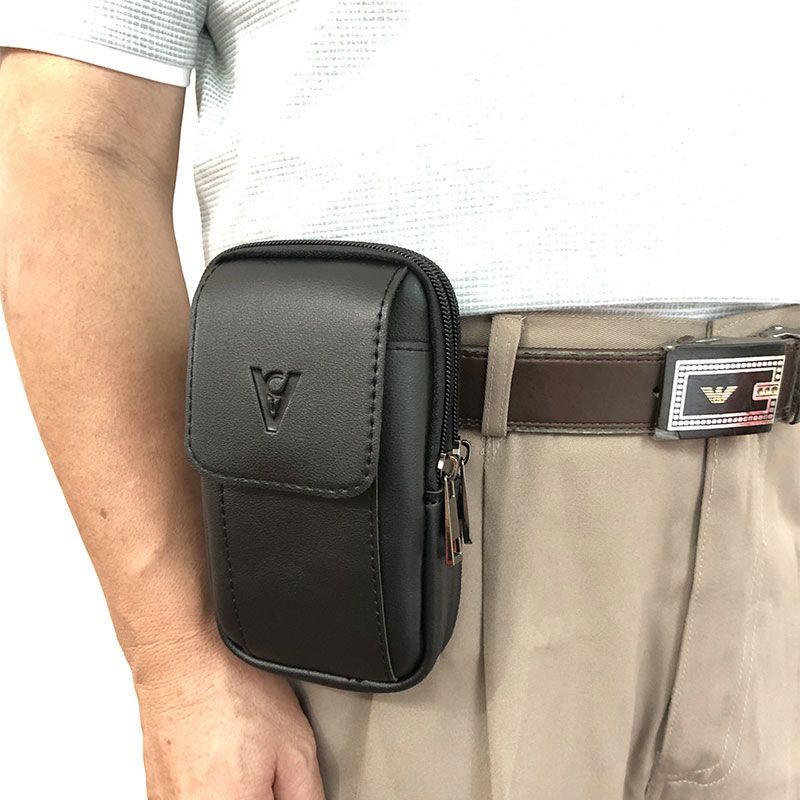 黑色横款二层4寸手机包男士腰包工地工作干活挂腰间手机套穿皮带老人