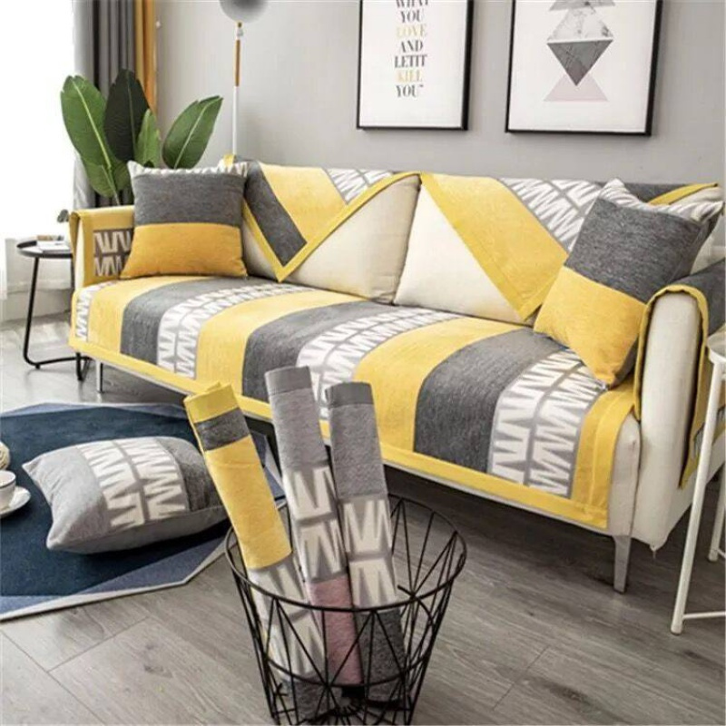 家柏饰(CORATED)沙发垫 四季通用防滑沙发巾盖布北欧简约加厚 沙发套全包套罩 雪尼尔黄灰字母 90*160cm高清大图