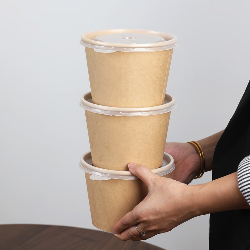 芳草地 一次性竹纤维本色纸碗 1000ml*50只 带盖高清大图