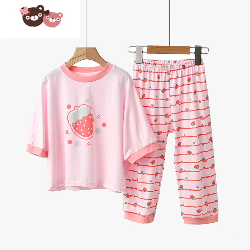 彩虹光儿童莫代尔睡衣套装女童七分短袖八分裤子中大童家居服夏款童装
