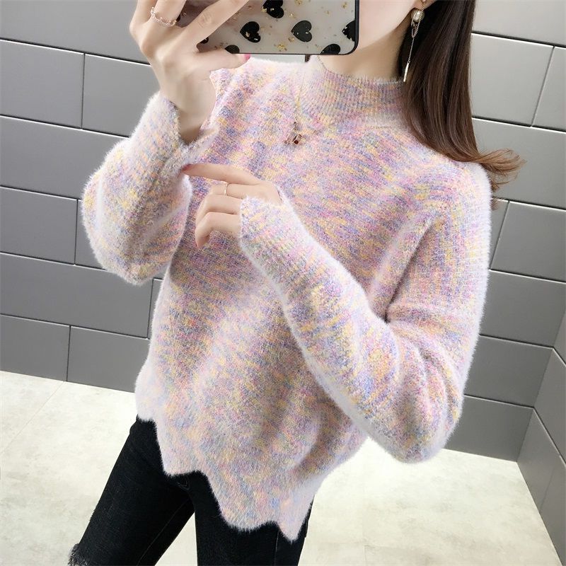 加绒/不加绒秋冬半高领针织打底衫宽松加厚毛衣女 粉色 XL建议120-130斤