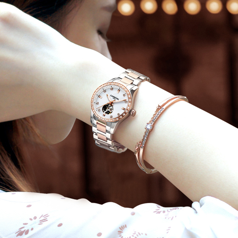 瑞士嘉年华Carnival手表新款全自动机械表 女表时尚钢带潮流夜光防水女士镂空水钻名表时装腕表魅力玫金8685高清大图