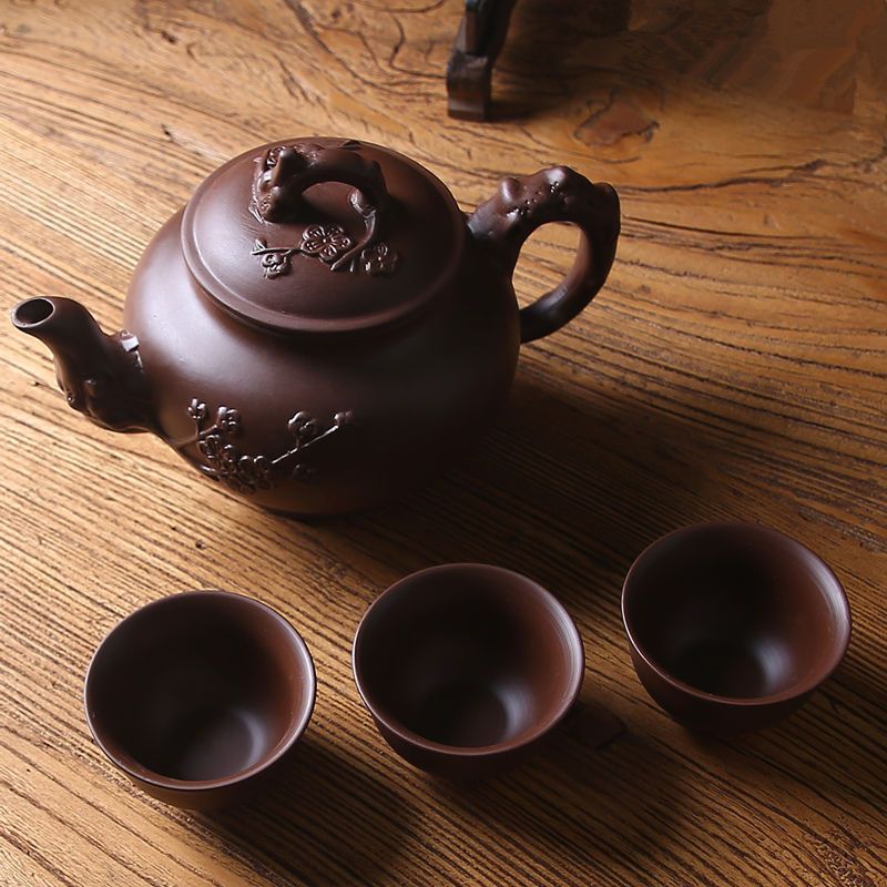 紫砂壶大容量宜兴紫砂朱泥茶壶泡茶梅花单壶家用陶瓷茶具茶杯套装棕色