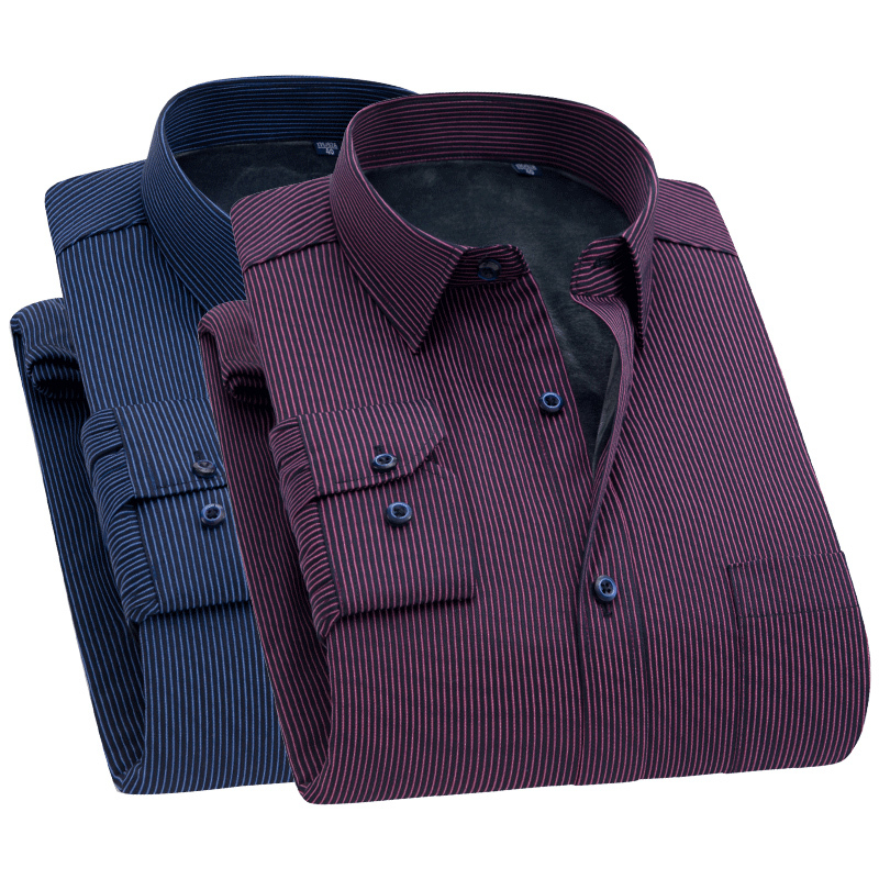 保暖衬衫男中老年加绒加厚爸爸装秋冬纯色棉质带绒衫厚实男士衬衣衬衫