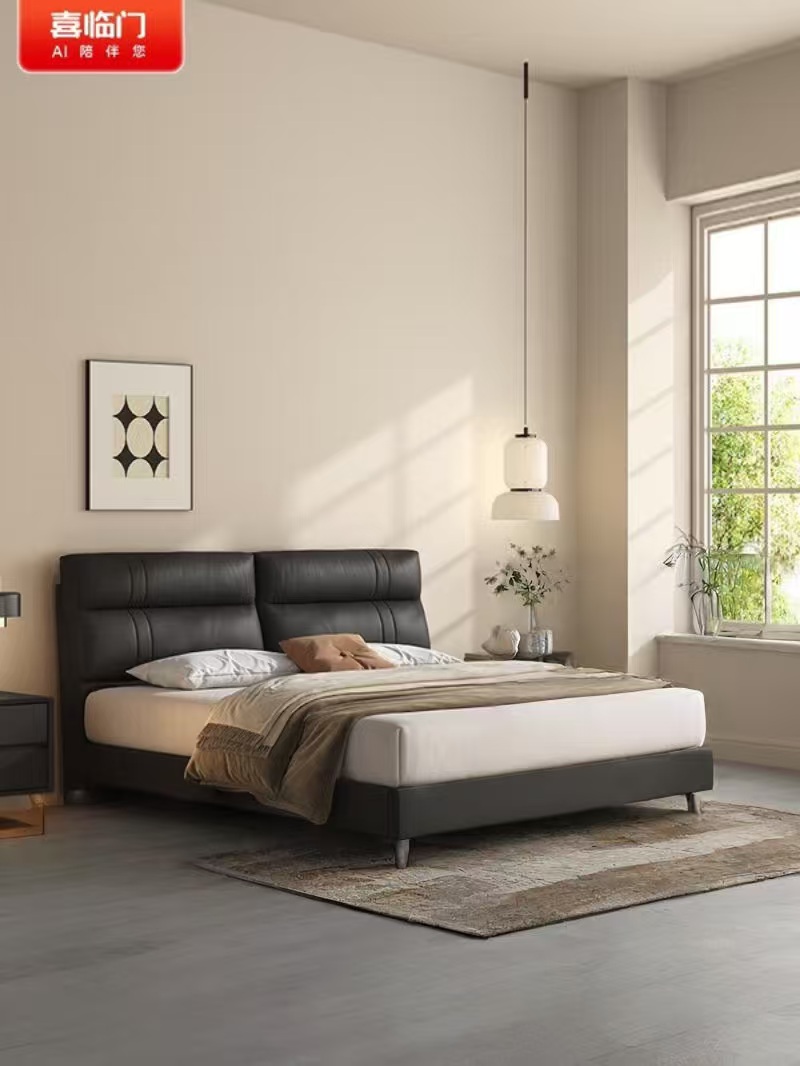 喜临门 - 摩卡皮床 头层牛皮双靠包软床中古风床拖款皮床 双人大床高清大图