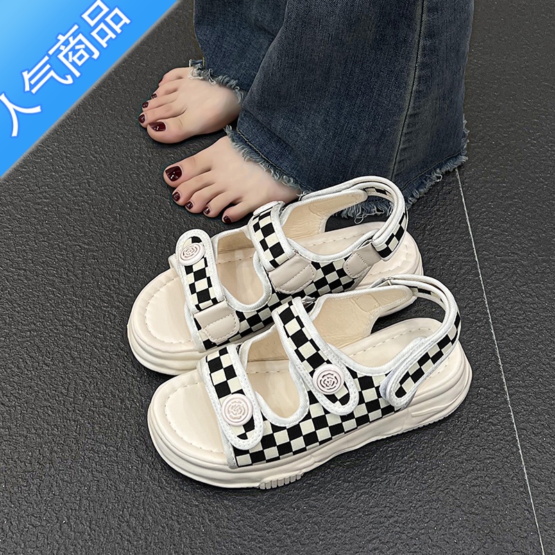 SUNTEK运动凉鞋女夏2023年新款棋盘格软底魔术贴学生网红厚底罗马沙滩鞋高清大图