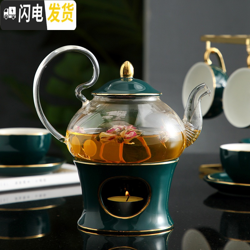 三维工匠花茶茶具套装北欧式煮水果茶壶茶杯耐热玻璃陶瓷英式下午茶茶具 孔雀绿1壶2杯2碟2勺+架子送蜡烛