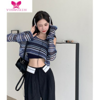 YUNWUXIN甜辣风撞色条纹罩衫T恤女装夏季设计感镂空短款上衣
