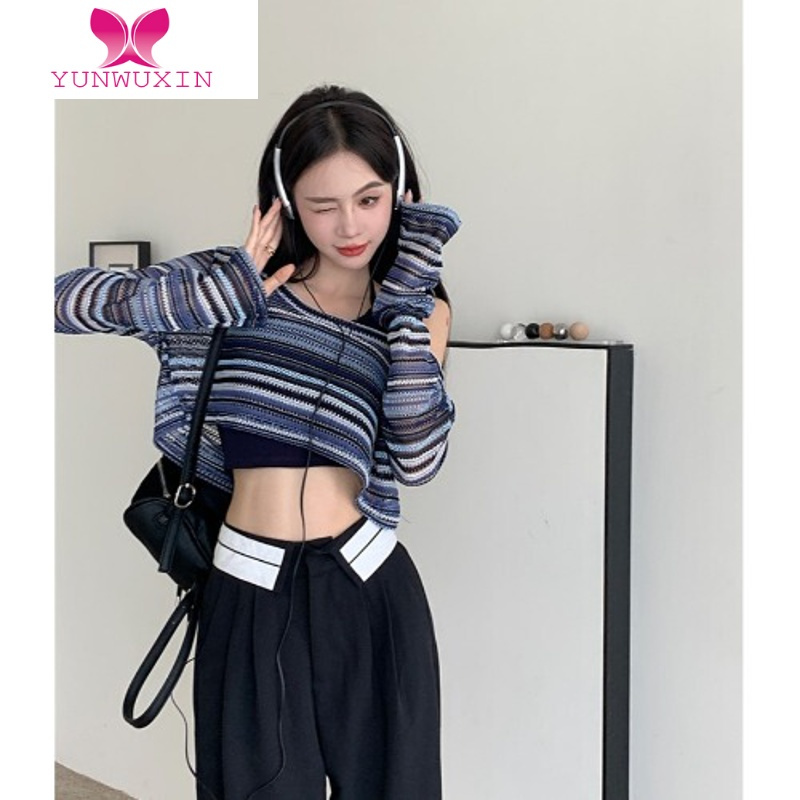 YUNWUXIN甜辣风撞色条纹罩衫T恤女装夏季设计感镂空短款上衣