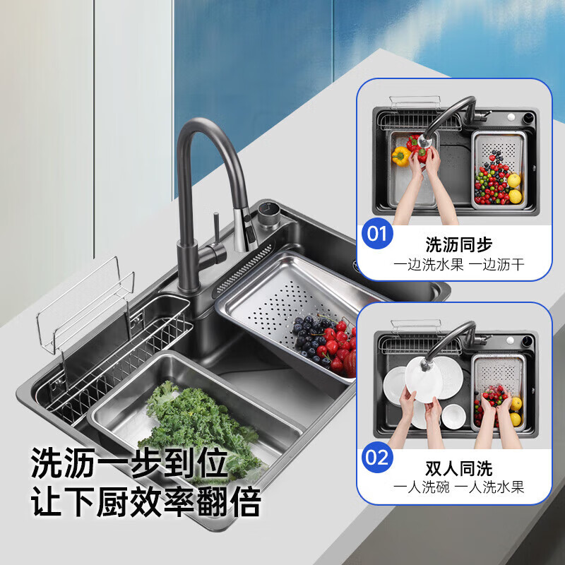 欧琳飞雨瀑布大单槽厨房水槽洗菜盆一体盆侧落水孔纳米洗菜盆欧琳水槽9151H高清大图