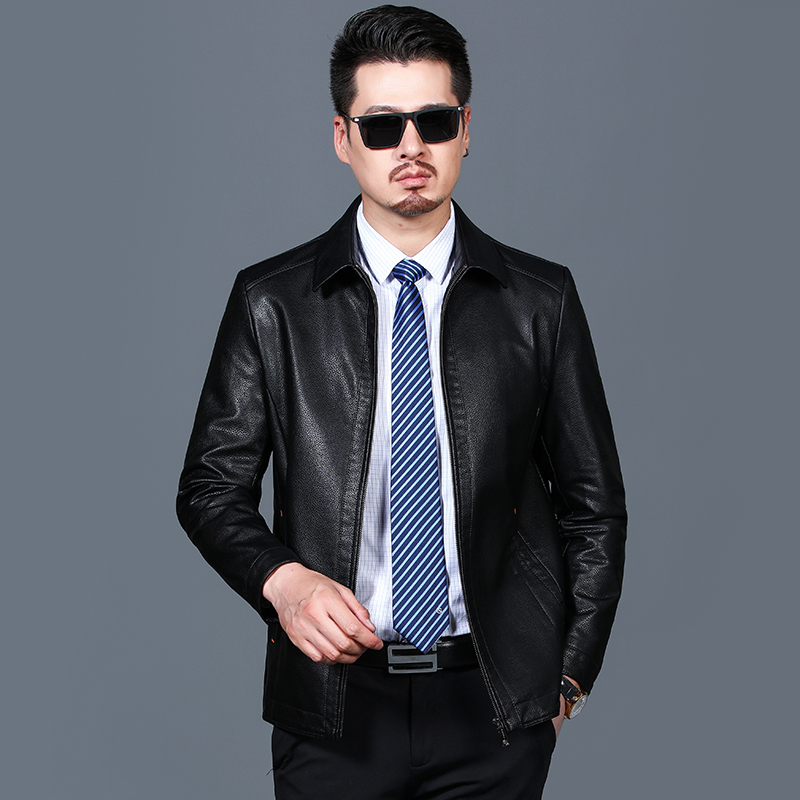 海宁正品男士皮衣男纯皮头层绵羊皮真皮皮衣男中年翻领夹克男士外套棒球服夹克男士加肥加大码梦特娇阿玛尼金利来雅戈尔鄂尔多斯男 XL/180/50 2101翻领黑色单皮