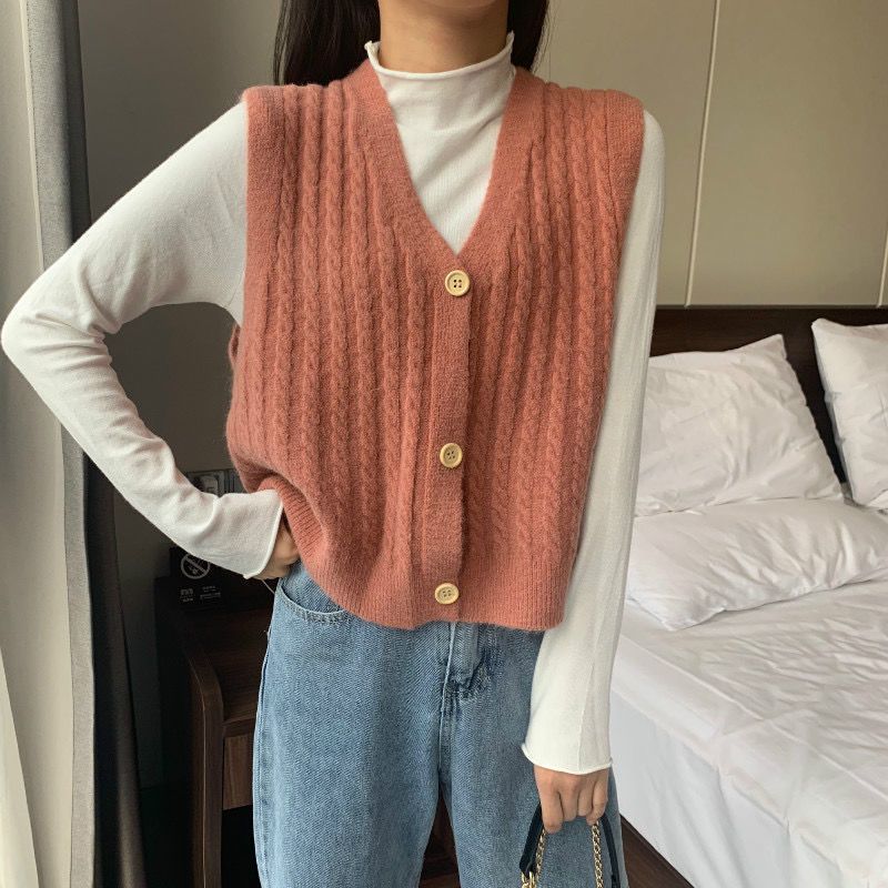 日系糖果色麻花针织马甲女开衫外套短款宽松毛衣背心无袖马夹坎肩