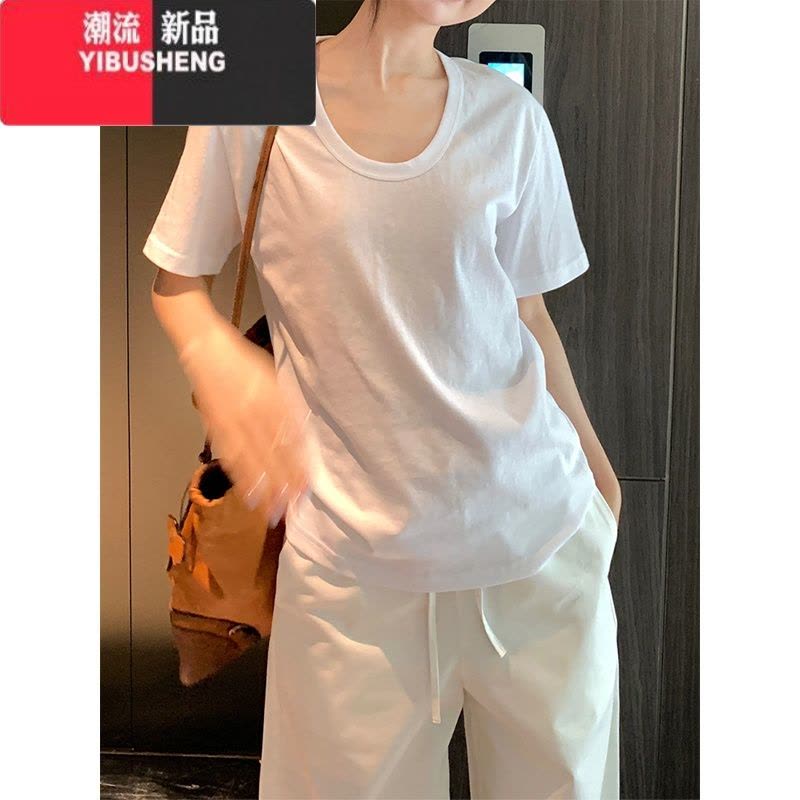 YIBUSHENG灰色低圆领正肩短袖女季新款韩版宽松显瘦百搭基础款T恤上衣潮图片