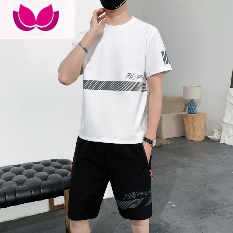 七斓运动套装男夏季薄款冰丝速干短袖T恤短裤宽松大码跑步健身套