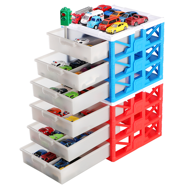 儿童停车场玩具套装男孩小汽车合金车收纳盒仿真多层小车库模型蓝色