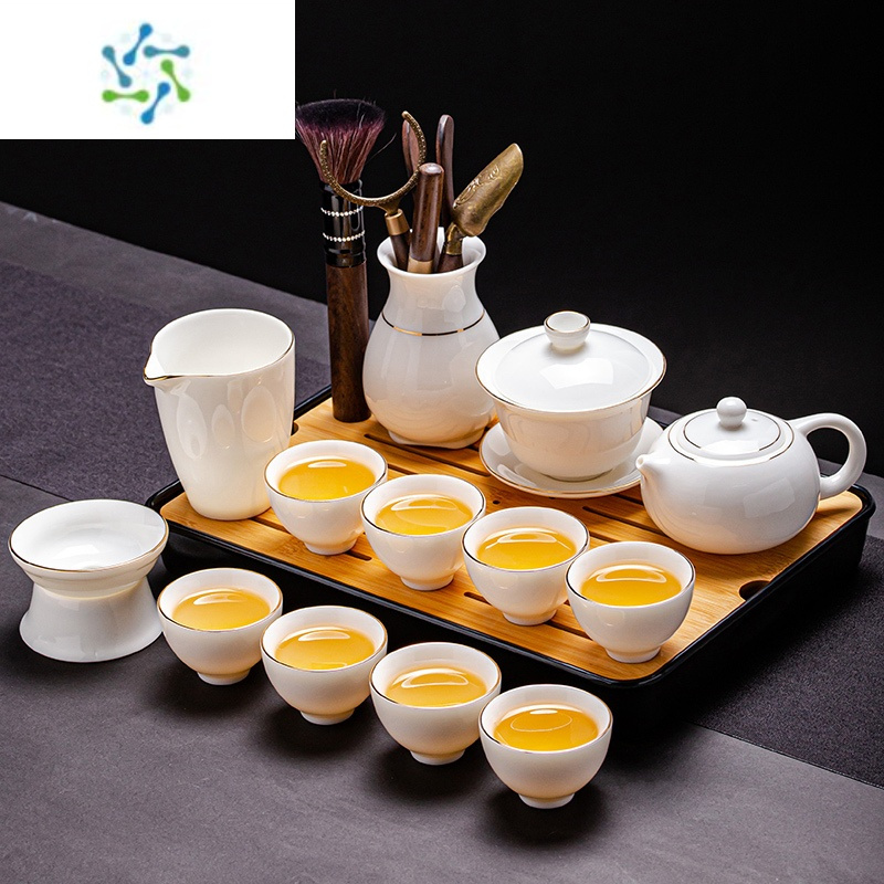 三维工匠羊脂玉德化白瓷功夫茶具套装家用泡茶台一体轻奢盖碗茶壶茶杯茶具