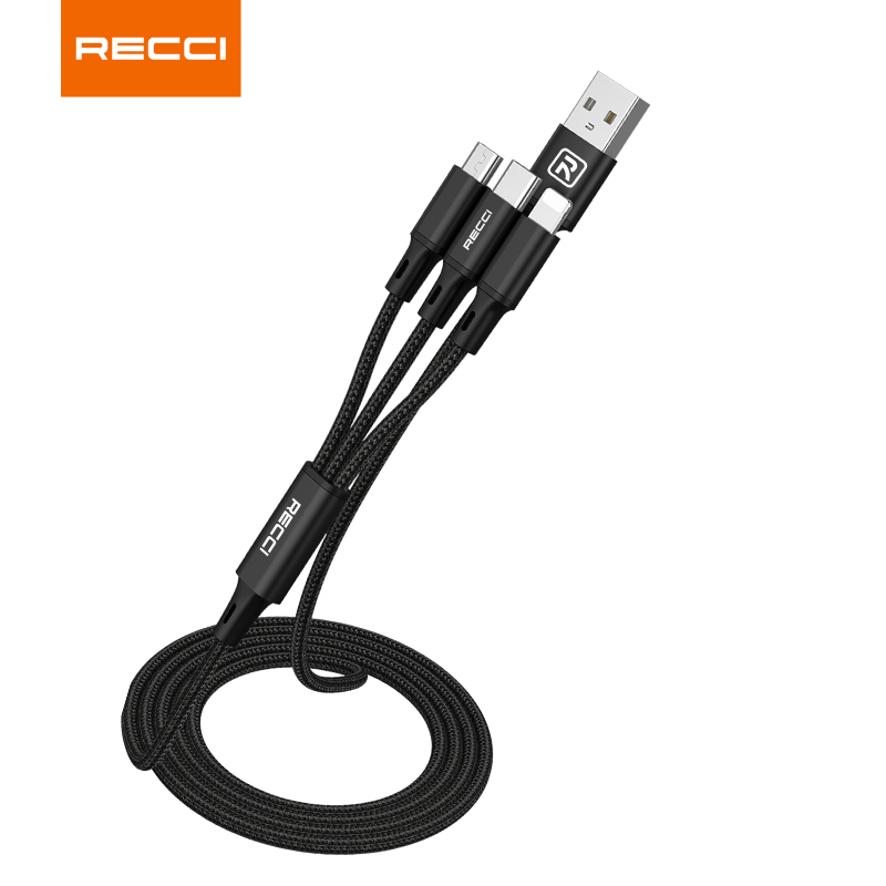 锐思(Recci)RCS-D120 速风试管充电线一拖三汽车手机充电器三合一苹果Type-C安卓通用充电数据线 黑色