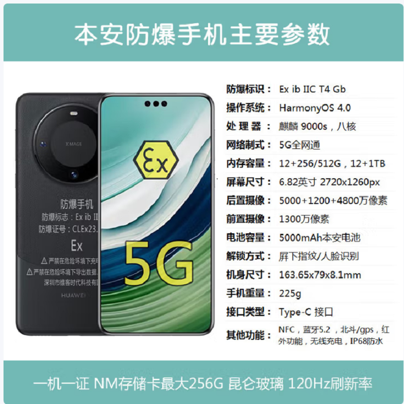 华为 mate60 Pro 1TB 防爆手机 5000mAh 本安EX化工厂石油库天然气医药工业专用 防爆定制版(带证书)高清大图