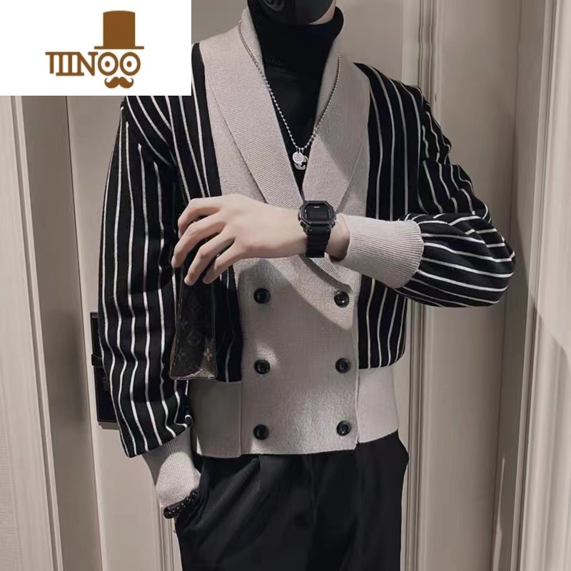 YANXU感假开衫毛衣男韩版潮流小众设计感条纹修身针织衫外套潮 XHZQ220开衫毛衣黑色 2XL130斤145斤