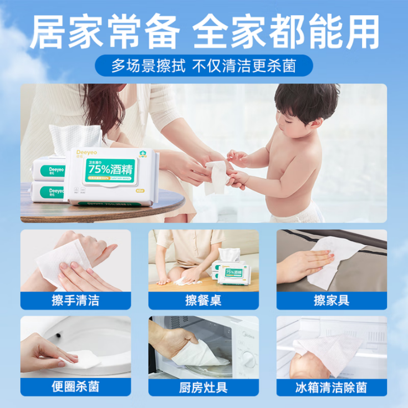 德佑75度酒精湿巾杀菌湿巾纸学生儿童杀菌除菌专用家用大包实惠装 [居家推荐] 40抽 4包高清大图