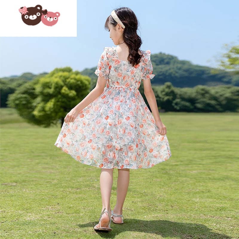 绿彩虹光女童连衣裙夏薄款洋气儿童裙子雪纺小碎花裙女孩中大童夏装