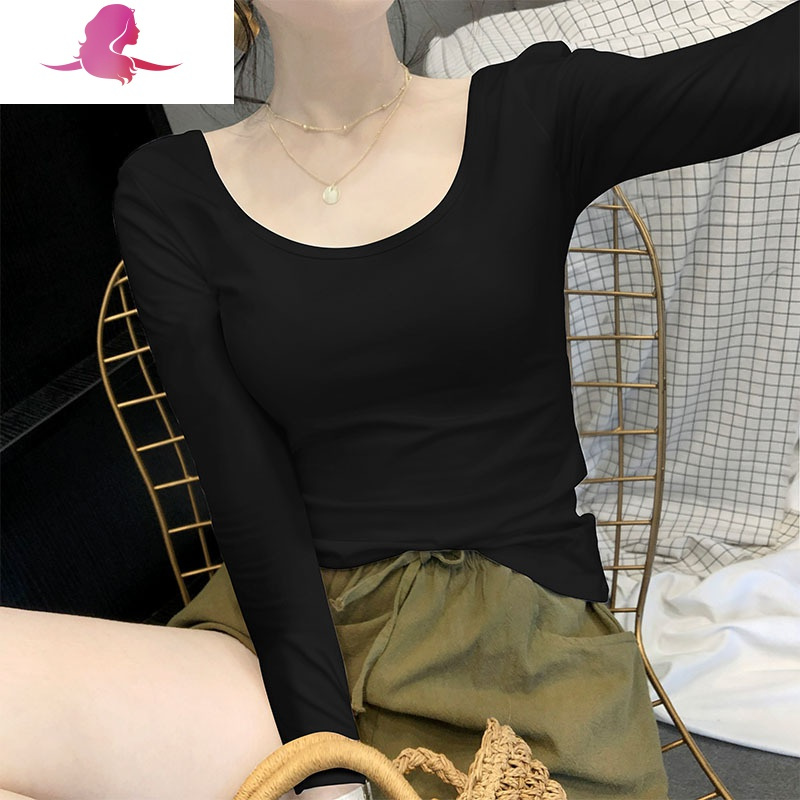 艳如飞春秋冬低领打底衫女长袖t恤u领紧身加绒加厚棉百搭白色内搭上衣T恤