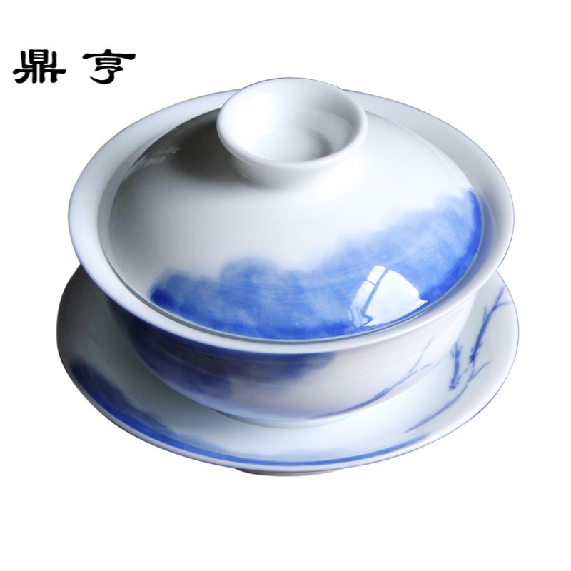 鼎亨景德镇青花手绘盖碗釉下彩高白瓷三才碗陶瓷功夫茶具薄胎手工