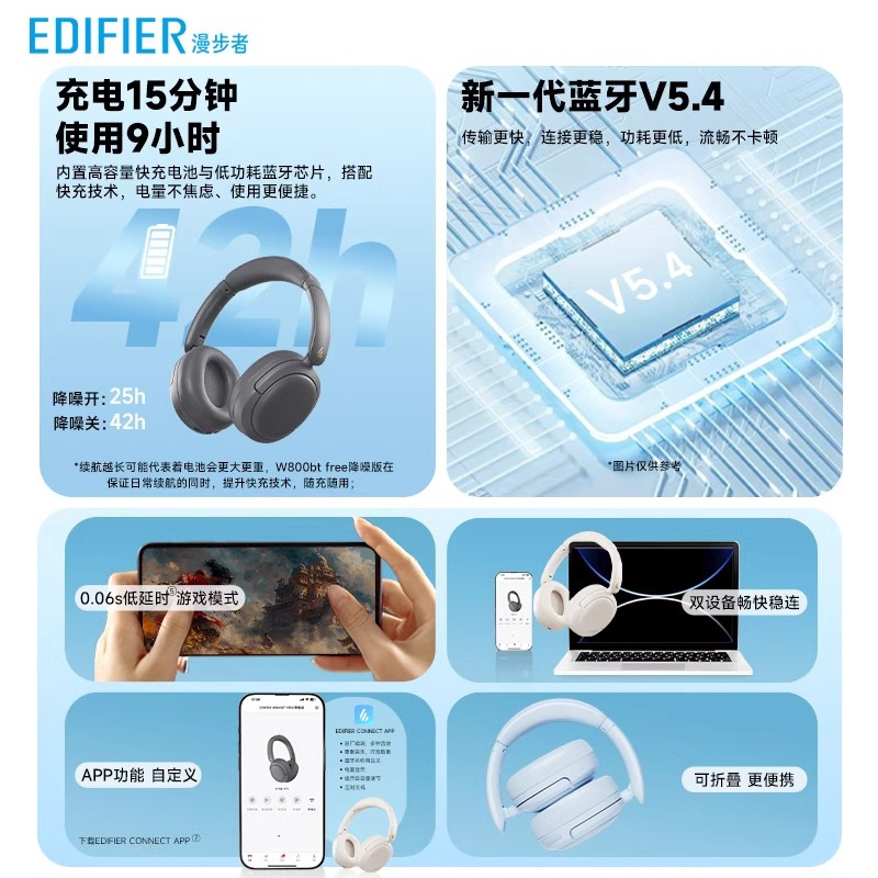 EDIFIER/漫步者W800bt Free蓝牙耳机头戴式无线耳麦运动游戏电竞久戴不痛新款 暮灰色