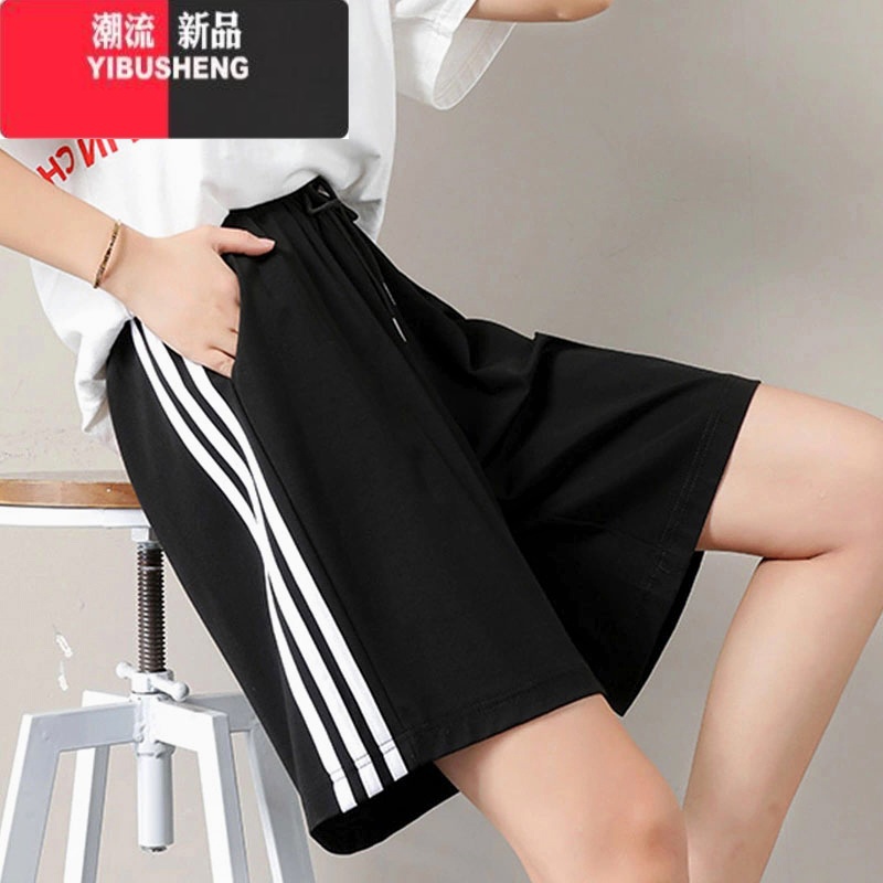 YIBUSHENG条纹短裤女2024新款宽松高腰跑步阔腿裤学生休闲百搭五分裤运动